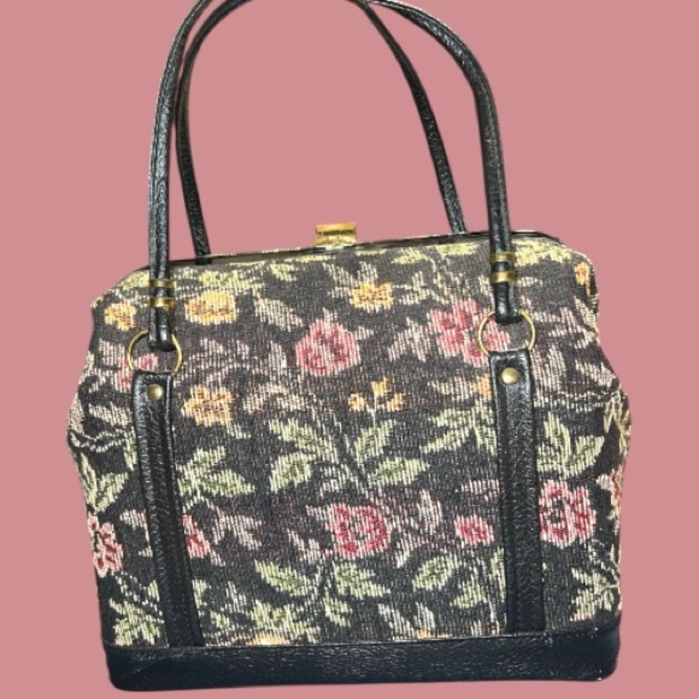Vintage mid-century needlepoint tapestry bag  black leather trim, carpetbagger!